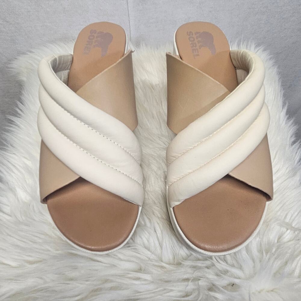Sorel Sunpeak Platform Slide Sandals Womens Size 9 Honey White Padded Straps